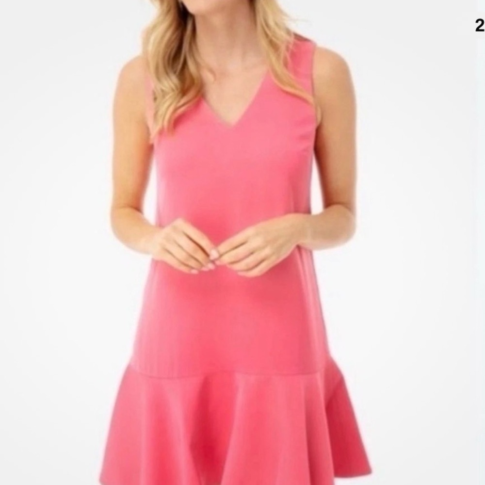 Tuckernuck Gina V-neck drop waist ruffle sleeveless shift dress midi pink M